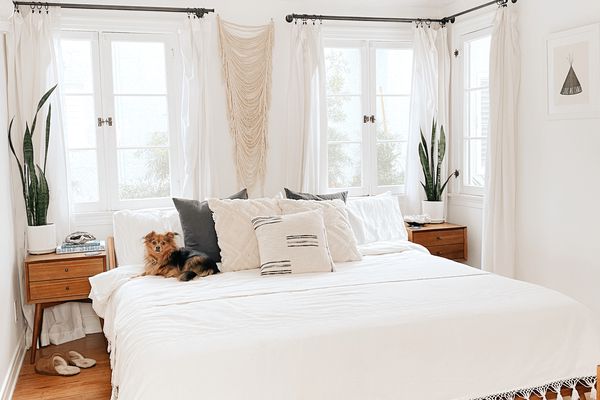 有细节地毯的白色卧室