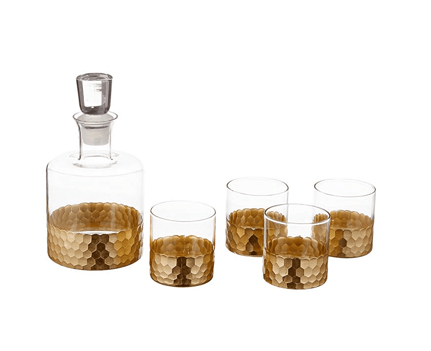 组四个眼镜金色调蜂窝图案在其底半部，具有匹配的晶体滗析器沿。