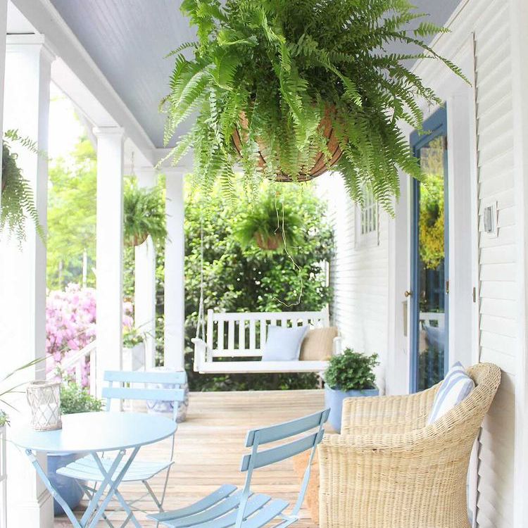 户外露台，配有秋千和小型蓝色餐具。