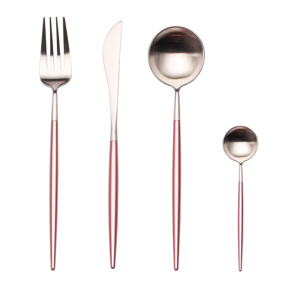 Apriling 4片式不锈钢餐具套装在粉红色和银色