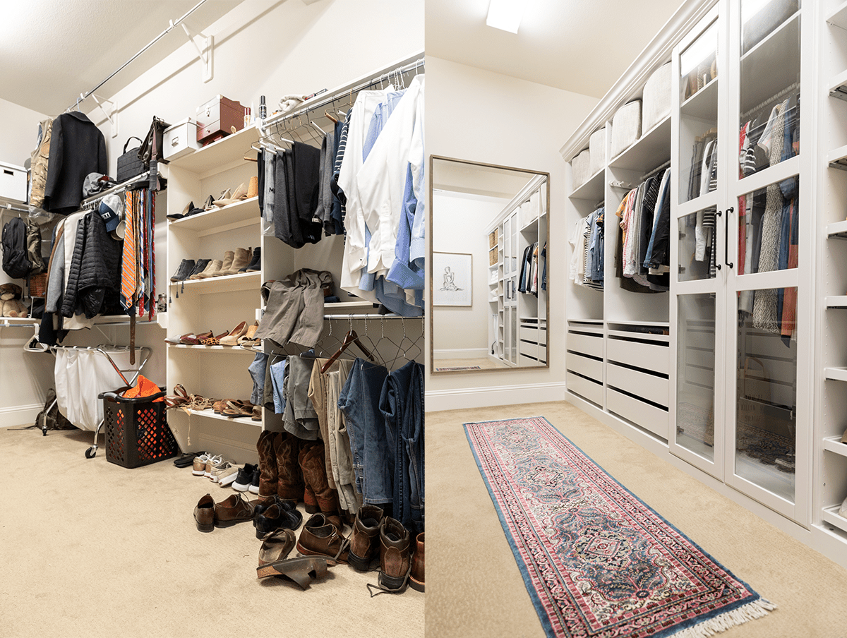 包括镜子、印花地毯和定制橱柜的衣柜改造