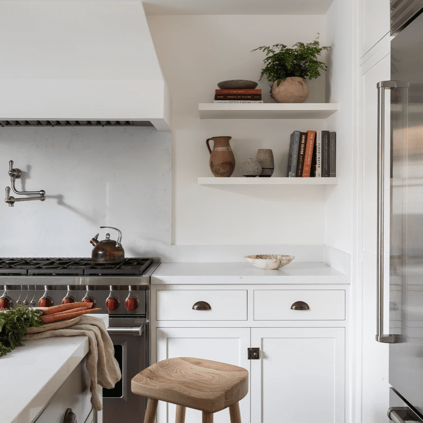 白色的厨房，铺着砖红色的地砖