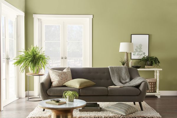 带绿色墙壁和灰色沙发的起居室