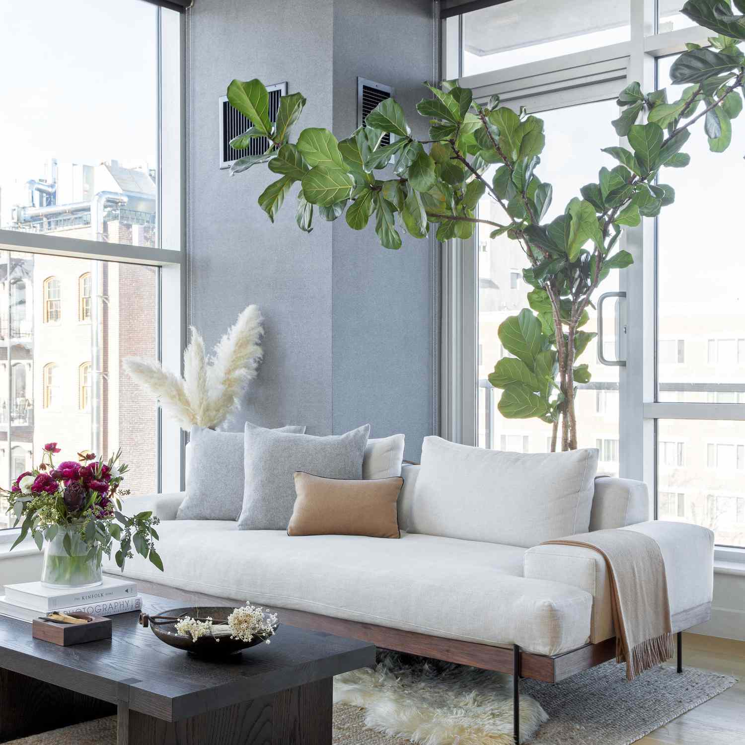 明亮的休息室有大室内树。