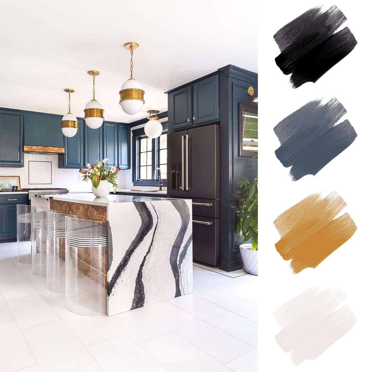 厨房配色——海军蓝、金色和黑色