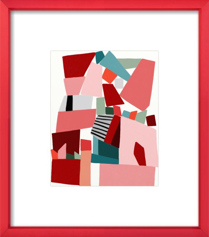一幅抽象的版画，装裱在粉红色的画框里，画框是由巧妙的墙壁构成的。