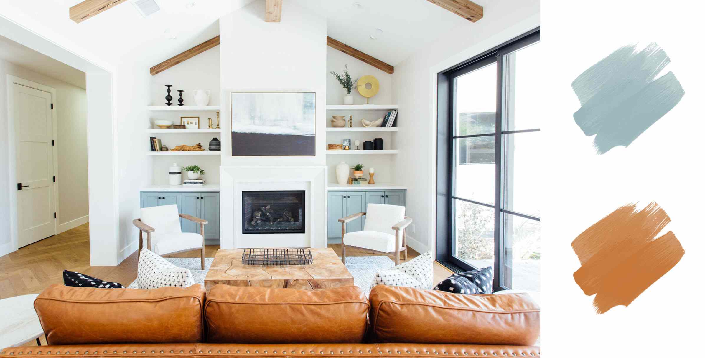 最佳土色调调色板-海蓝色和棕色客厅