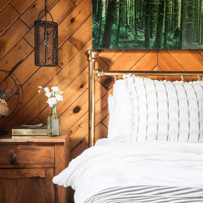 有木墙壁和鲜花的卧室