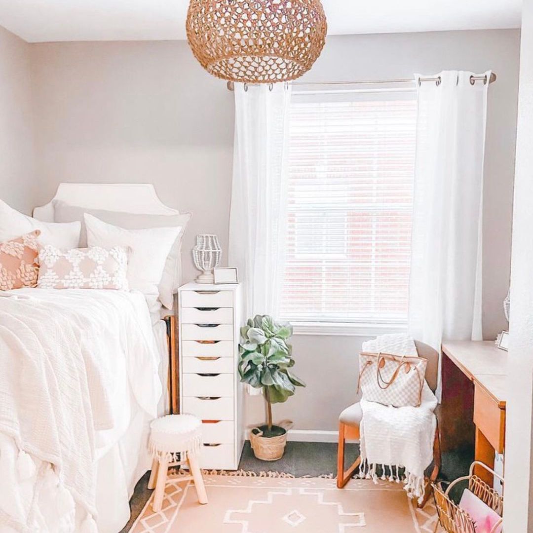 装饰良好的宿舍间与藤枝形吊灯和植物。