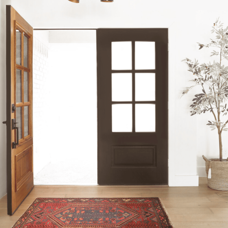 一个大胆的黑色口音和红色印刷地毯的门厅