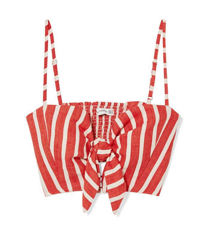 费奥里品牌裁切条纹亚麻上衣