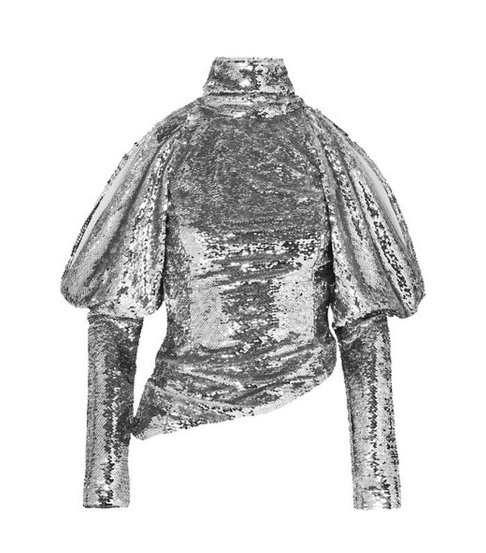 16阿灵顿的冷肩亮片薄纱高领毛衣