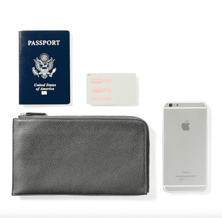 灰色旅行钱包一起iPhone手机，护照和交通票。