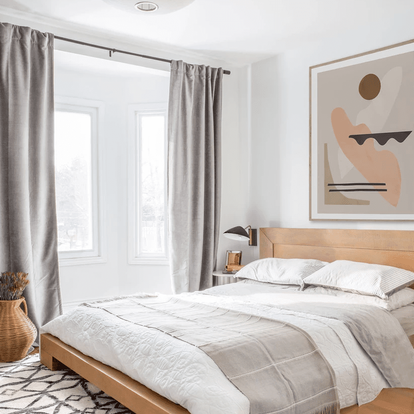 一间带白色灯笼和时尚的黑色缝业的现代卧室