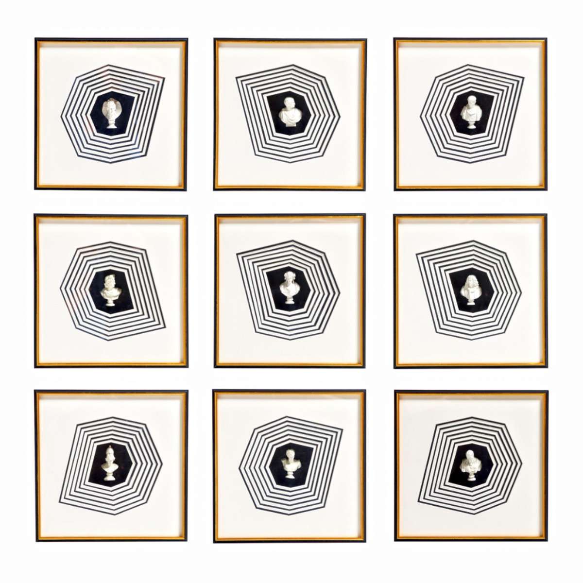 9个有框的影盒，每个都展示了不同的罗马人物。