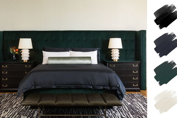 冷色调色板-穆迪卧室与祖母绿的床头板和海军口音
