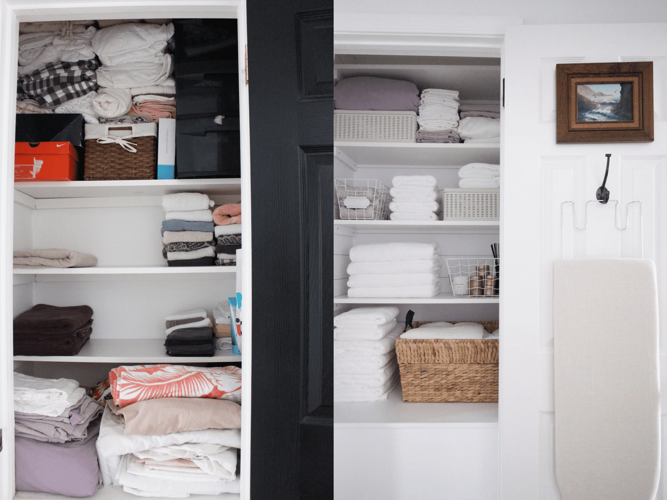 一个亚麻衣柜的改造，包括流线型的亚麻，重新油漆的门，和艺术