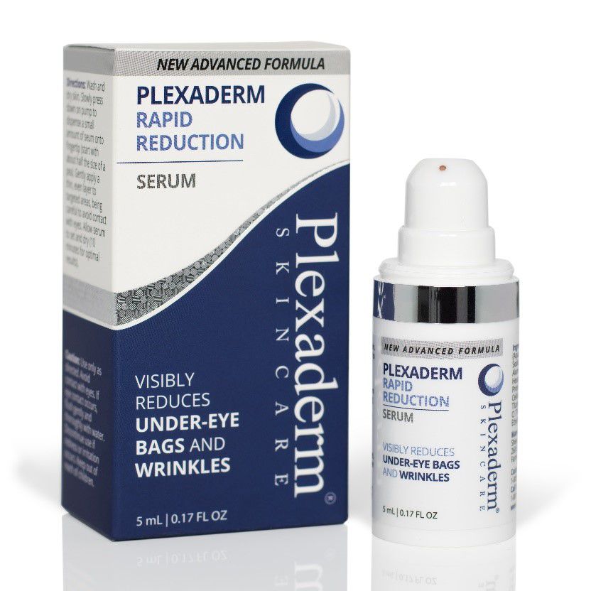 一盒Plexaderm快速减少眼袋和皱纹精华液旁边的泵霜。