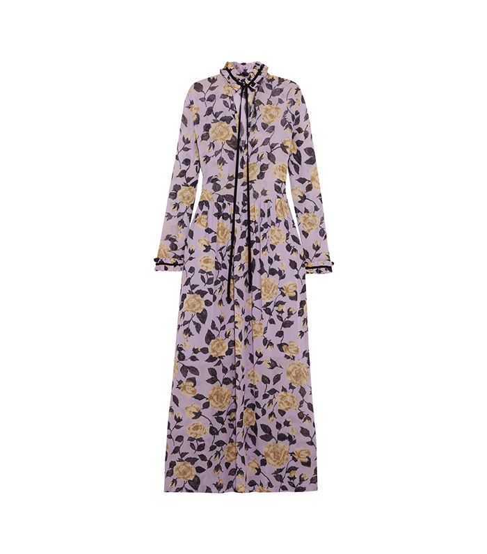 Ganni卡尔顿猫弓花卉印花雪纺连衣长裙