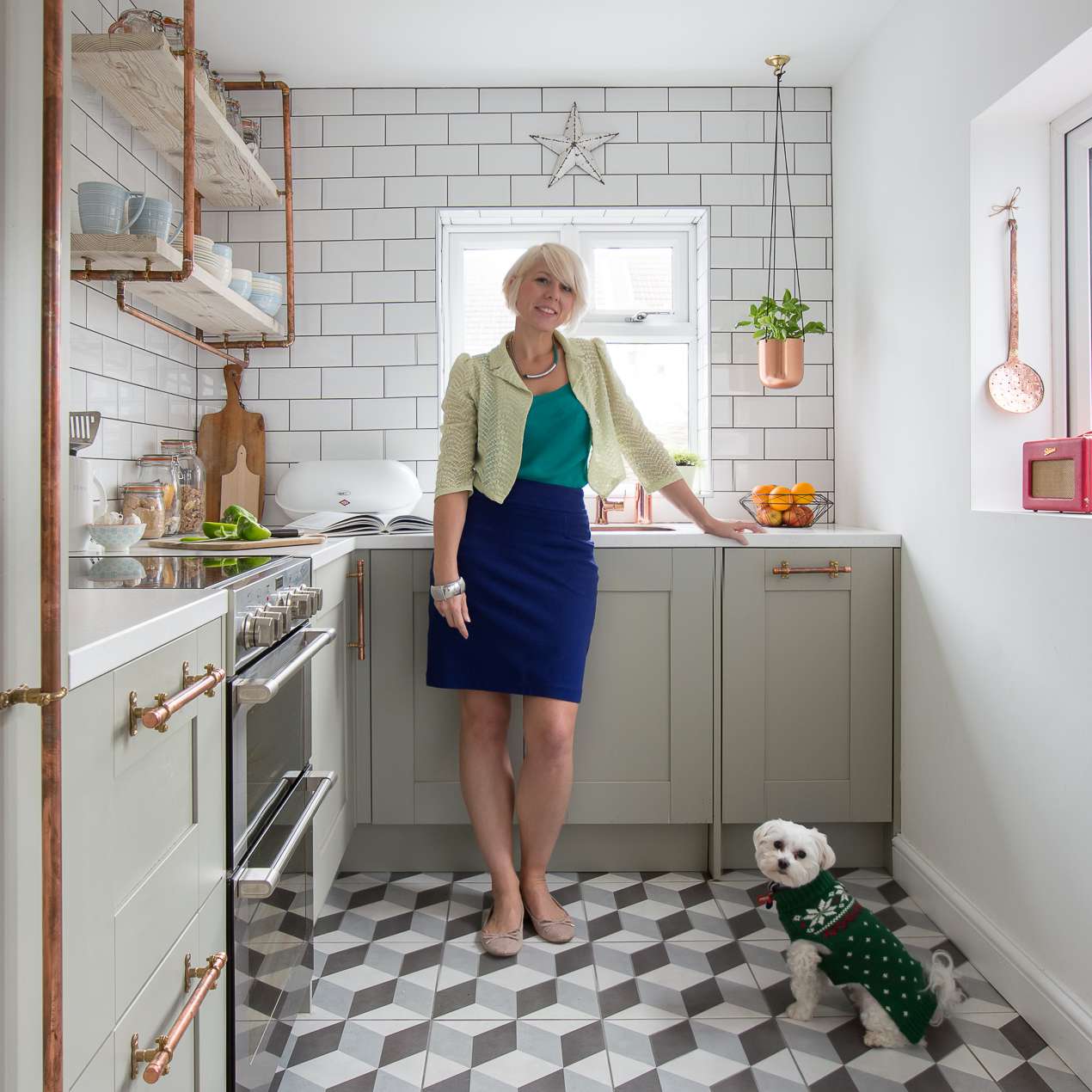 Maxine在她的厨房里有狗和悬挂植物。