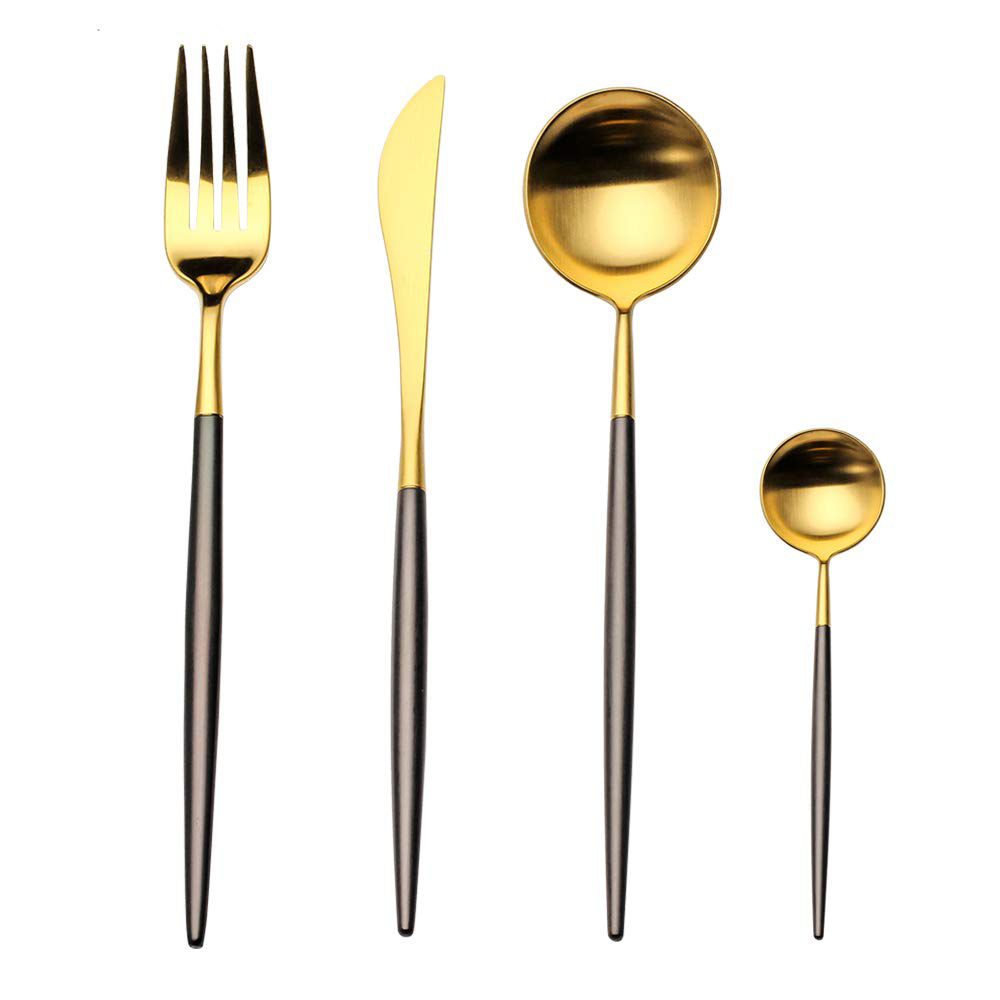 4片式不锈钢餐具套装的黑色和金色