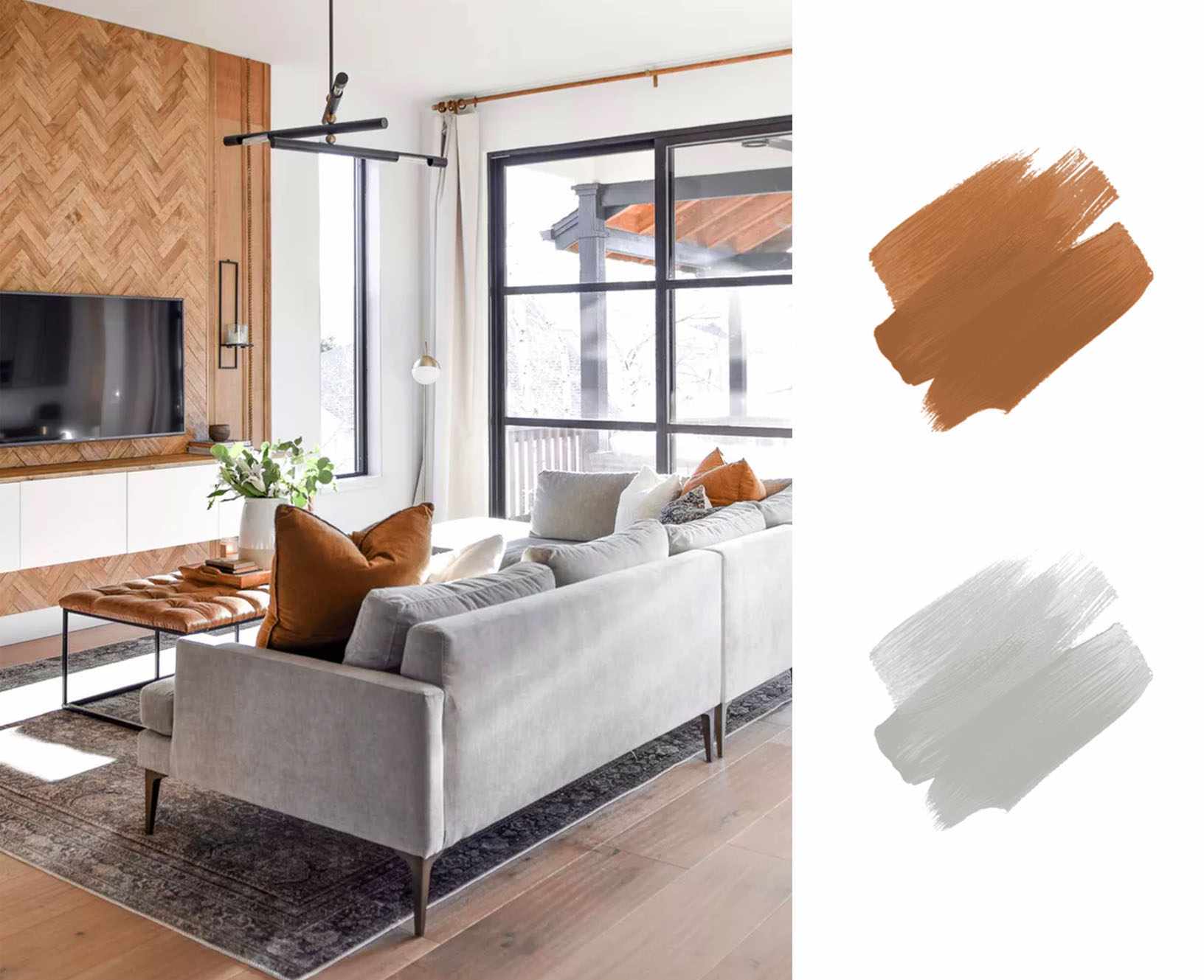 最佳土色调调色板-焦橙色和灰色客厅