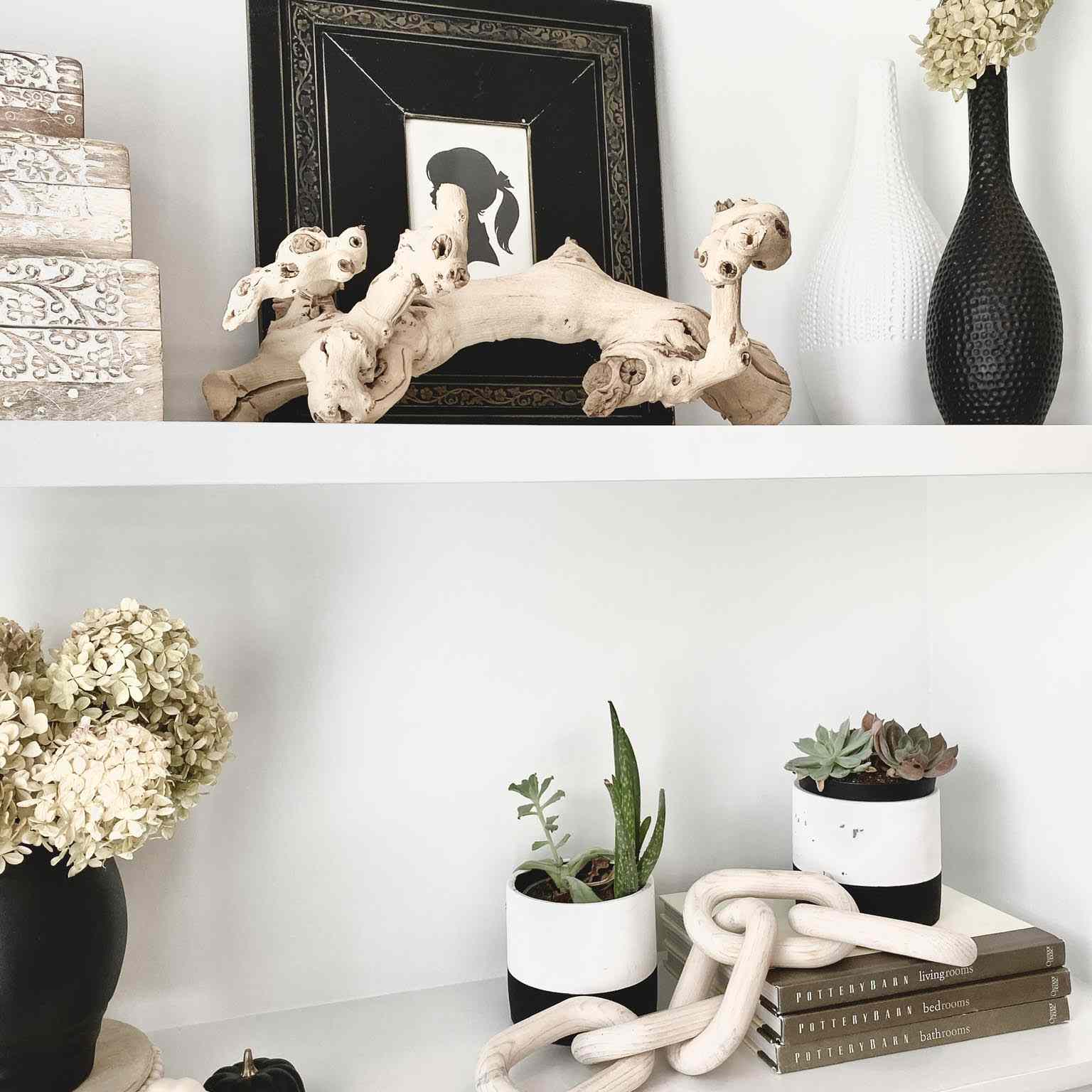 白色架子与浮木装饰。