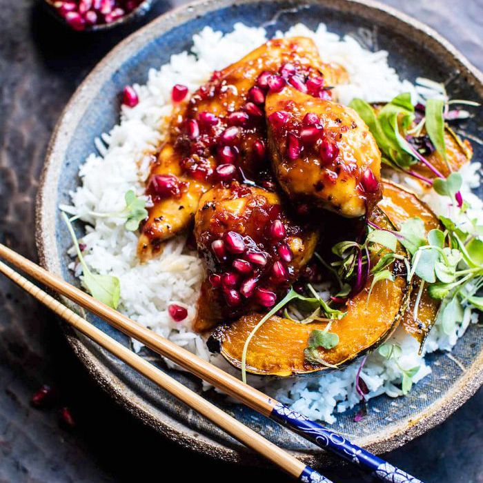 一潘粘石榴鸡和蜂蜜烤南瓜