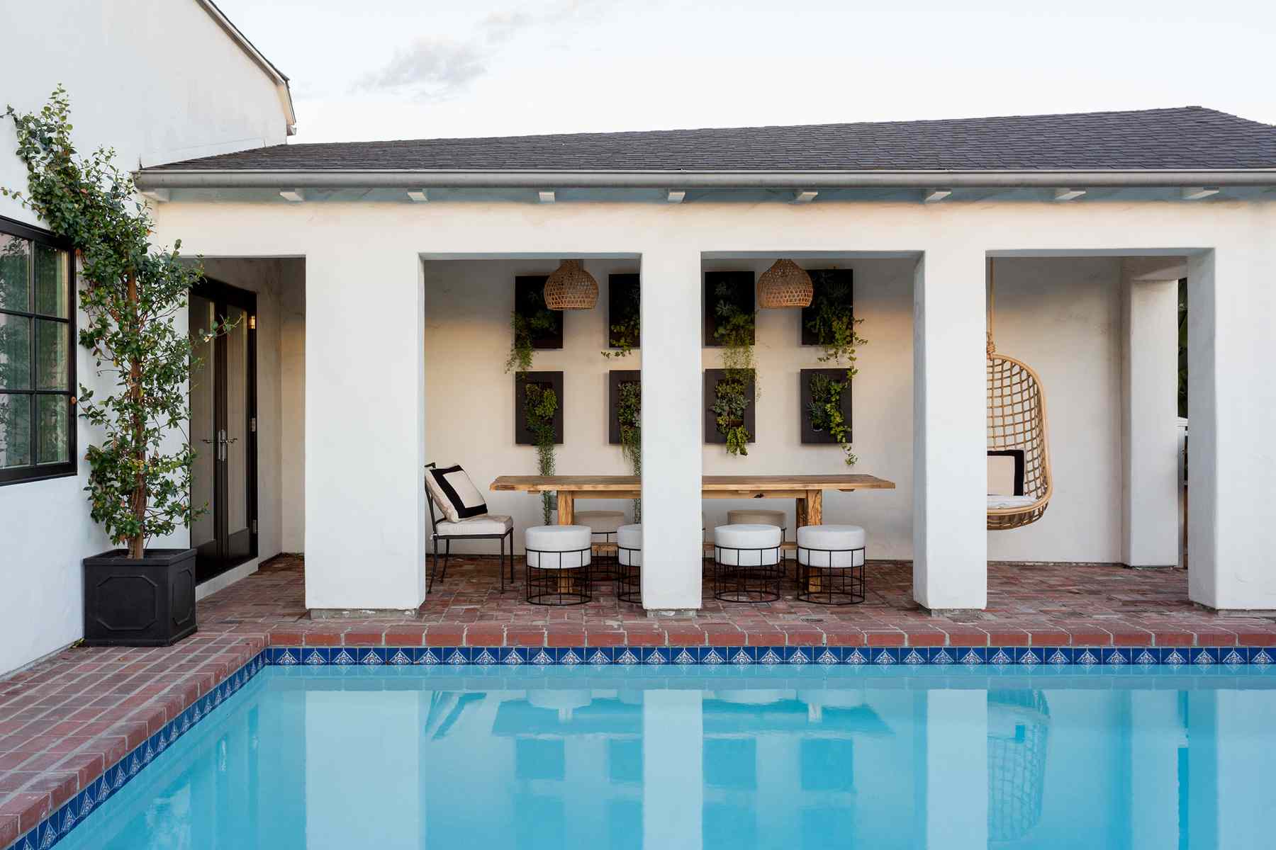 与植物的室外池区在墙壁上。