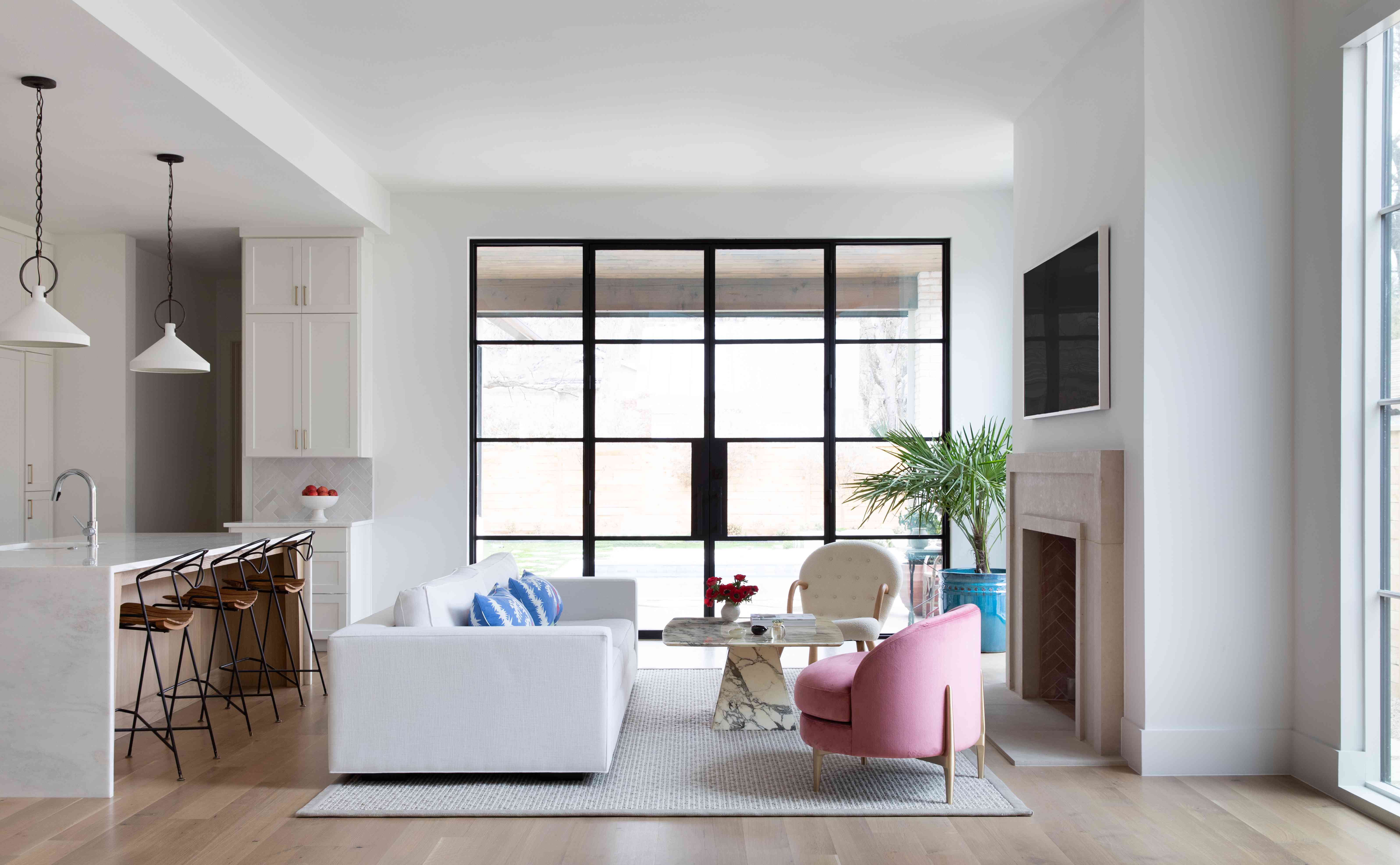 带有大型钢门的现代客厅。