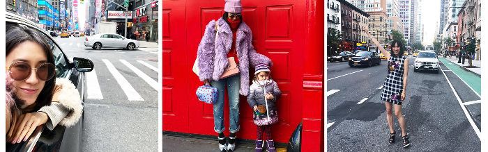 伊娃·陈开着车，和她的一个孩子站在一扇红色的门前，在街上叫着出租车