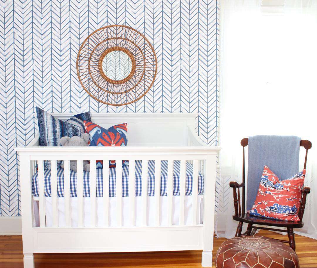 摇篮用蓝色和白色雪佛龙壁纸。