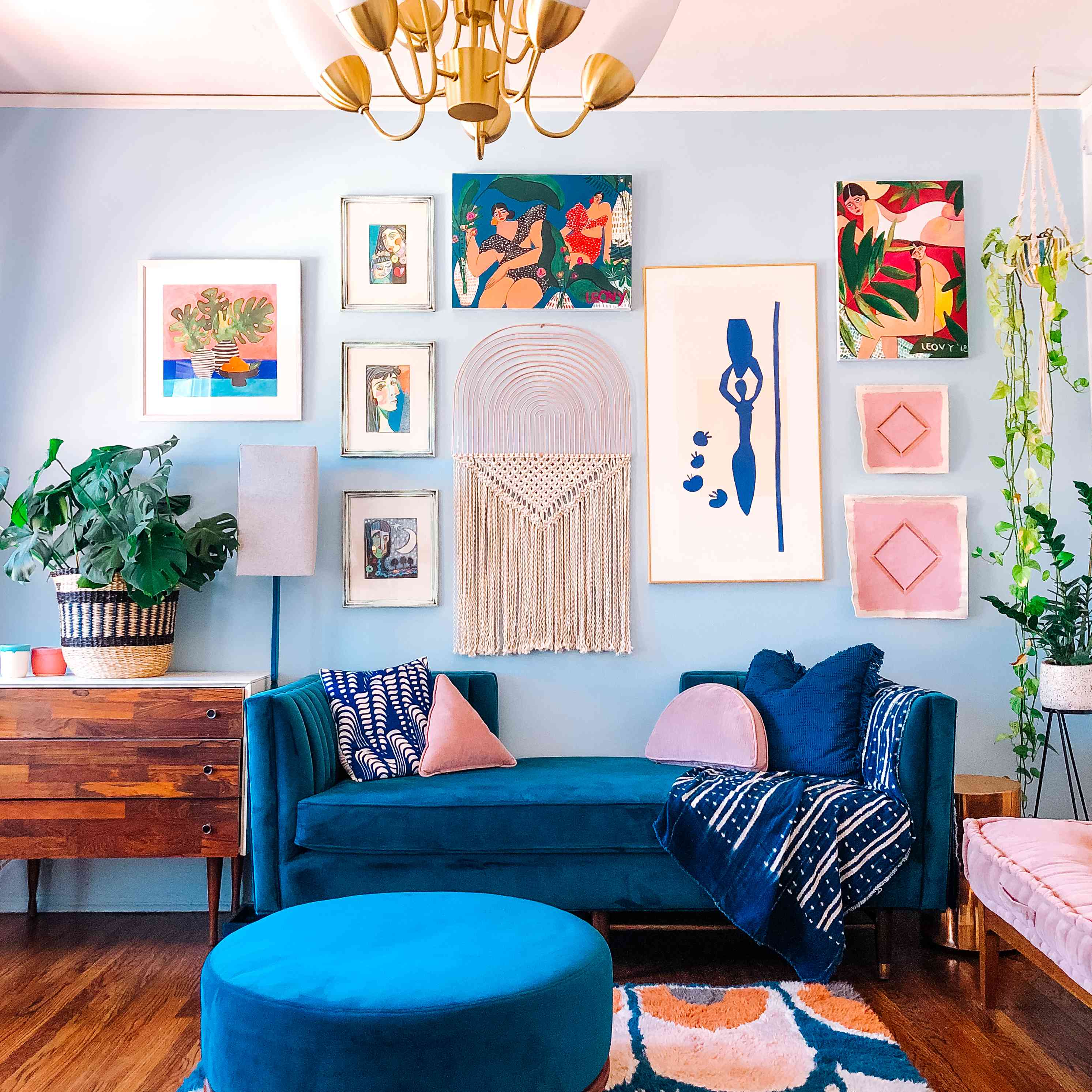 Bright blue room with colorful decor.