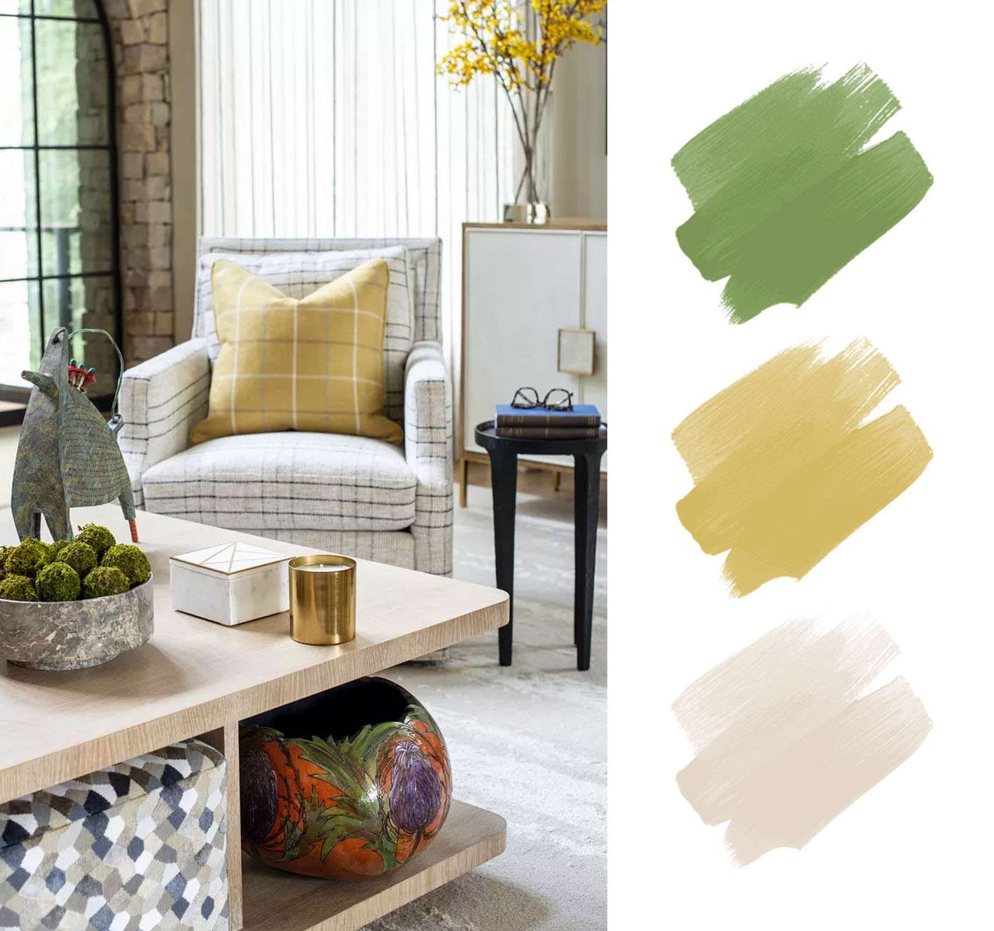 最佳土色调调色板-绿黄色和米色传统客厅