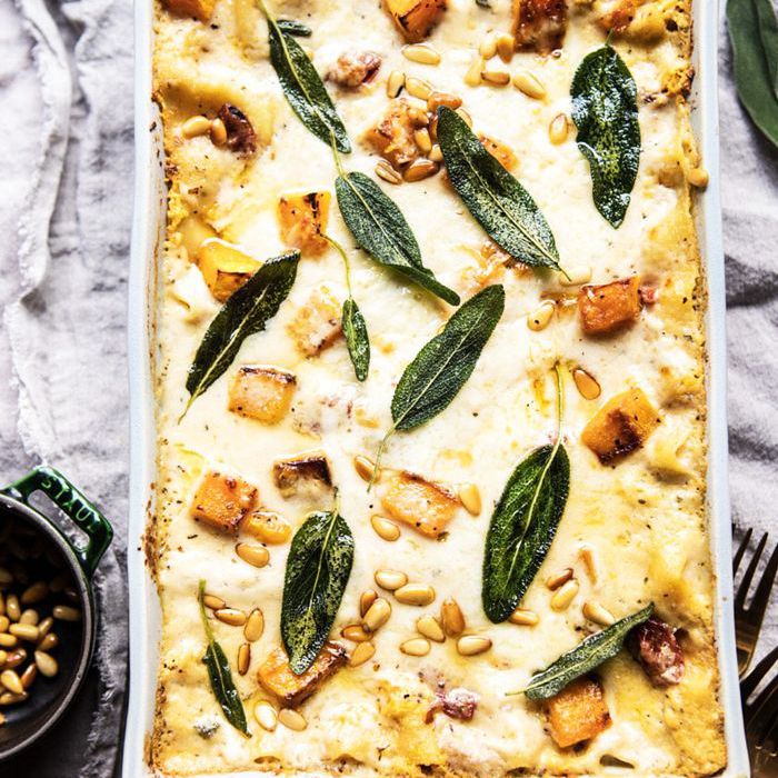 冬南瓜和晒干的番茄白千层面