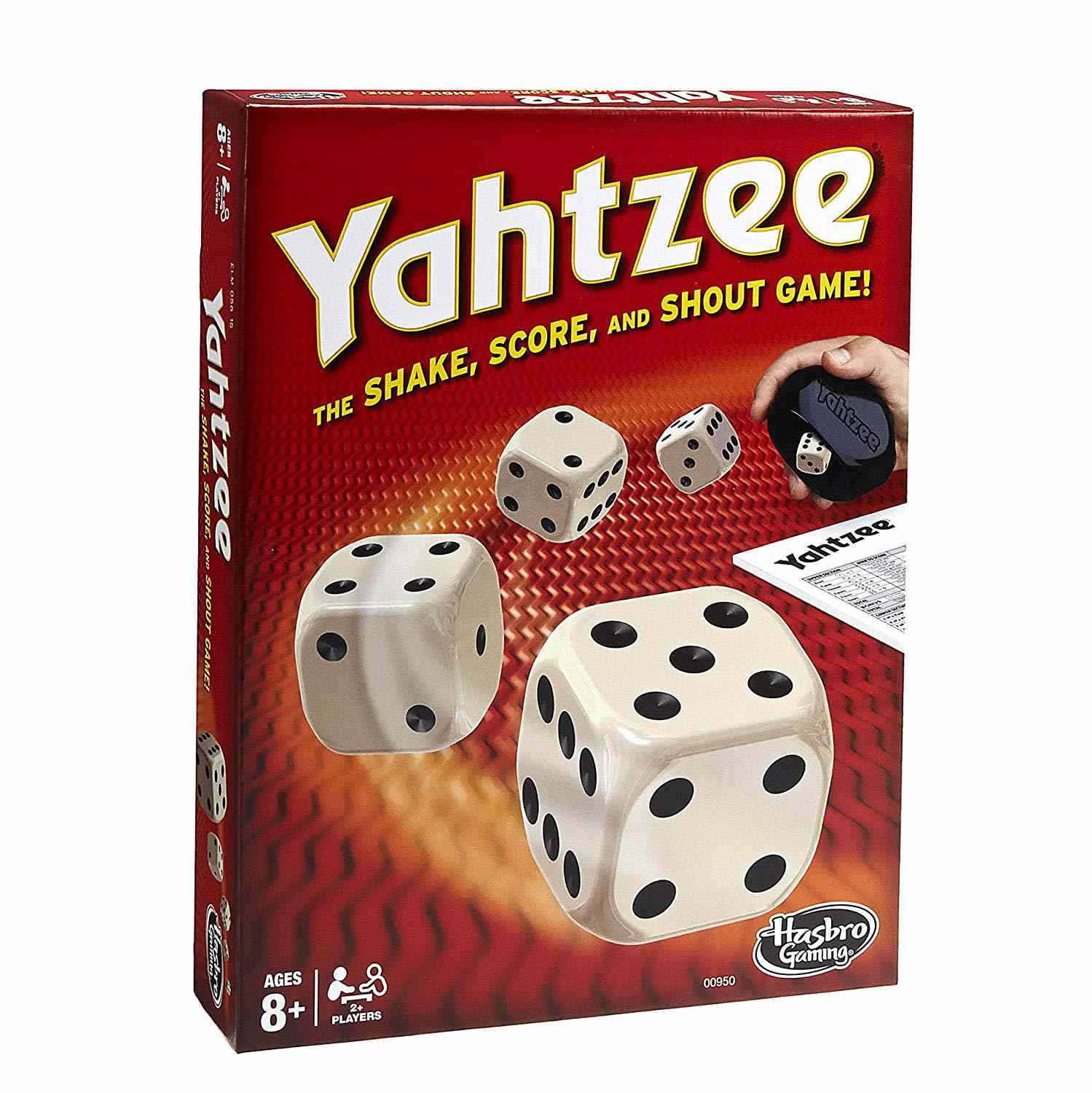 红色的Yahtzee游戏盒设有手滚动骰子。