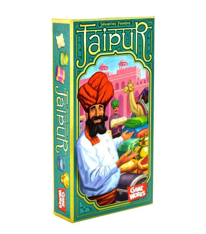 绿色斋浦尔游戏盒封面上图示的商人。